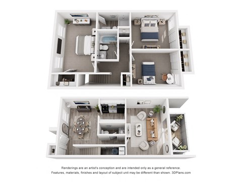 A floor plan of a small apartment with two bedrooms, a living room, a kitchen, and a bathroom.
